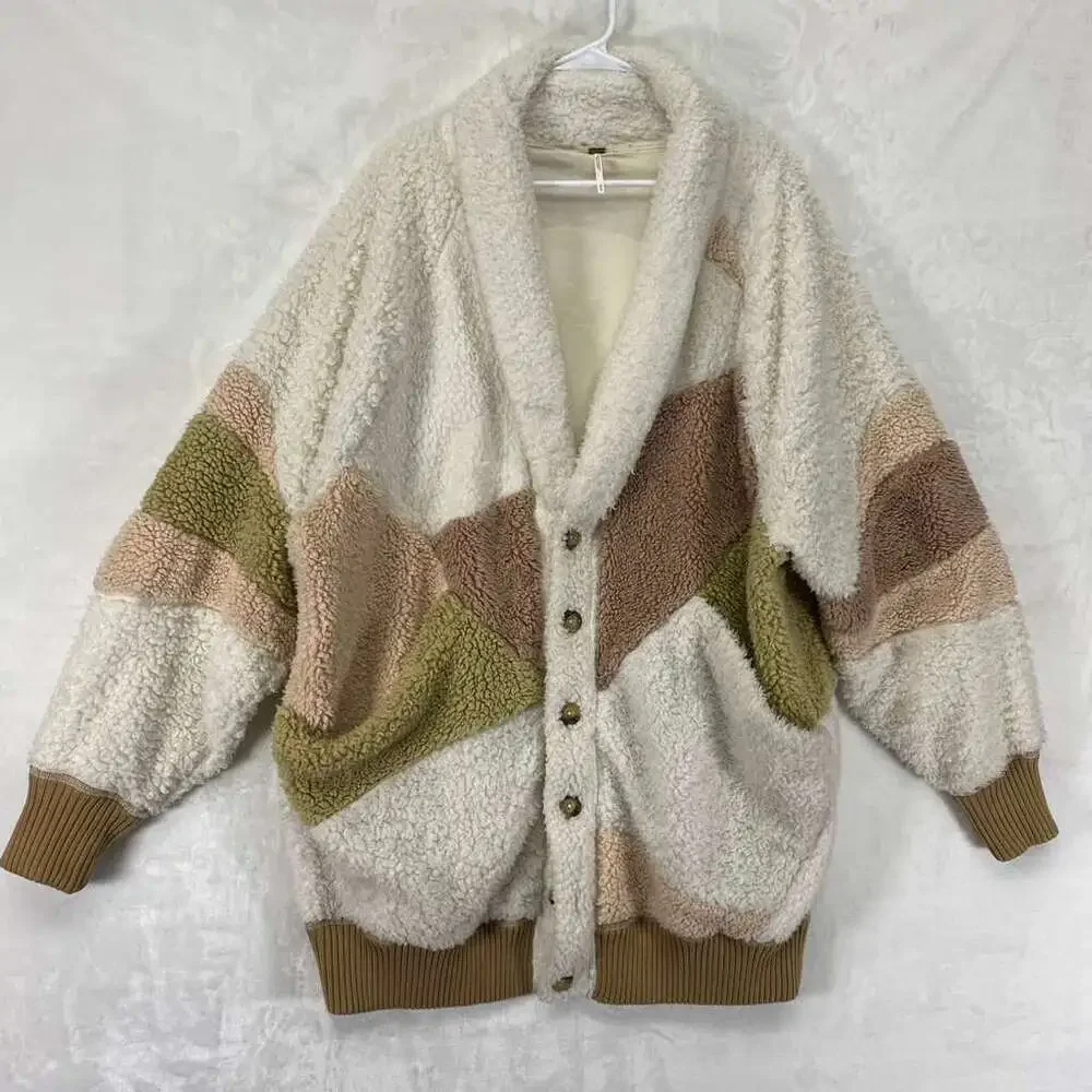 Rare Free People Selma Cardi Color Block Sherpa Cardigan Sz M